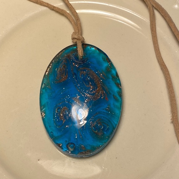 π Tara Designs Large aqua Lamp work oval shaped glass bead copper foil lined. - Picture 3 of 4